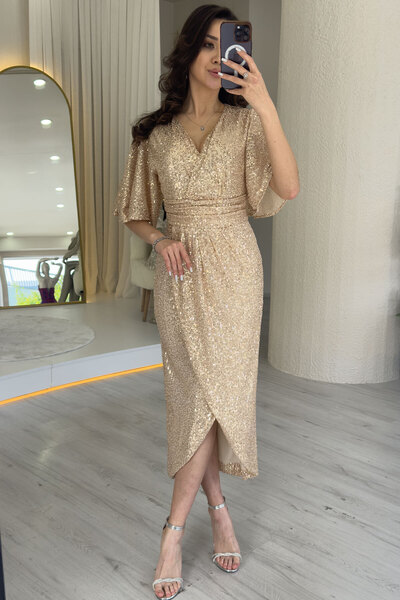 zks grup tekstil Γυναικείο βραδινό φόρεμα με χρυσό διπλό πέτο λαιμόκοψη με παγιέτες με μισό μανίκι μίντι μήκους σε μεγάλο μέγεθος