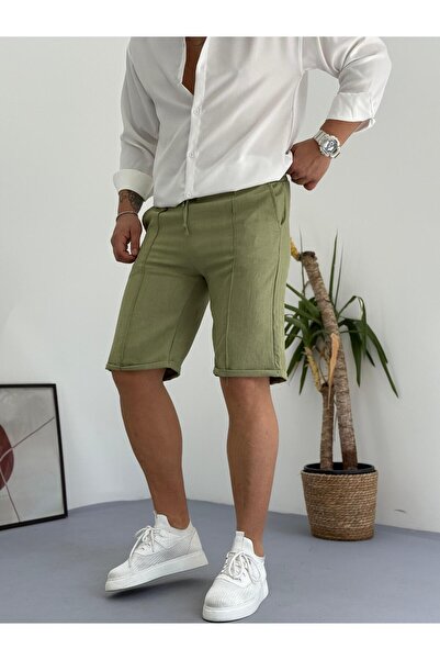 Combineman35 Χακί Ανδρικό Λινό Καλοκαιρινό Σορτς με Λεπτομέρεια από Χόρτο