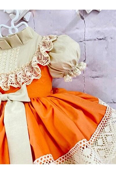 Hly Karol Tasarım Turuncu Fiyonklu Kız Bebek Elbisesi, Özel Dikim Kız Çocuk Elbisesi, Doğum Günü Elbisesi, Fotoğraf Çe