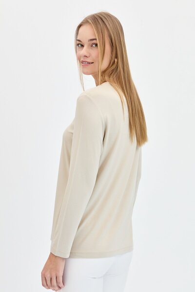 Desen Triko Women's V-Neck Glitter Ribbed Blouse Beige