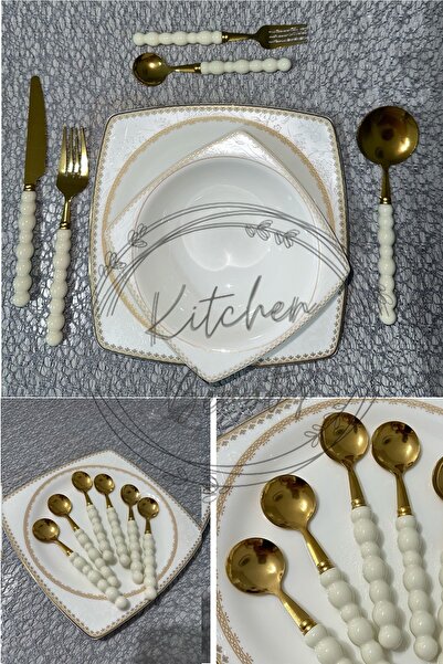 İndirimKap 6 Adet Beyaz Plastik İnci Taş Detaylı Gold Tatlı Kaşık Takımı | 6 ...