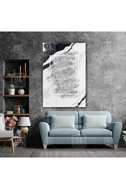 SML TABLO Siyah Beyaz Mermer Gümüş Dekoratil Modern Dikey Kanvas Tablo