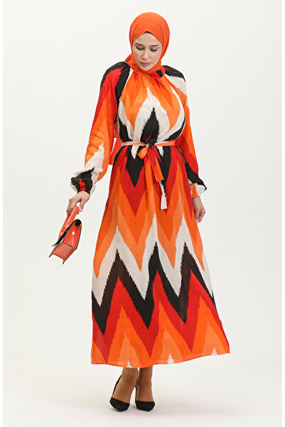 sefamerve Πορτοκαλί μαύρο φόρεμα βισκόζης - 0438-07