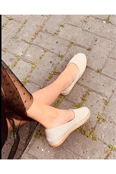 Bereket Kundura Kadın Yazlık Bej Keten Espadril Çok Şık Günlük Babet