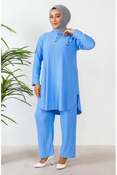 sefamerve Σετ δύο τεμαχίων τουνίκ και παντελόνι Blue Plus Size - 2691-08