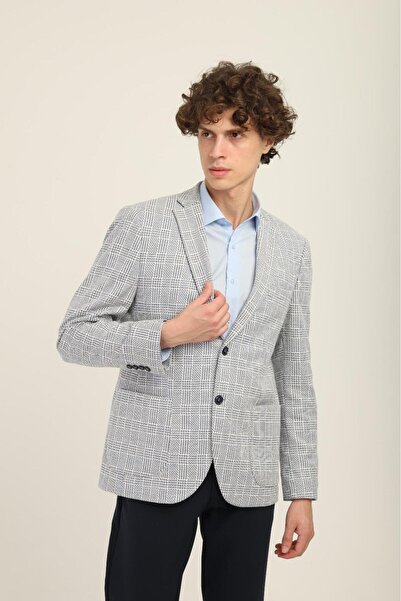 AGUSTİNİ Bebe Mavi Ekose Mono Yaka Yarım Astar Torba Cep Blazer Tek Ceket Sli...