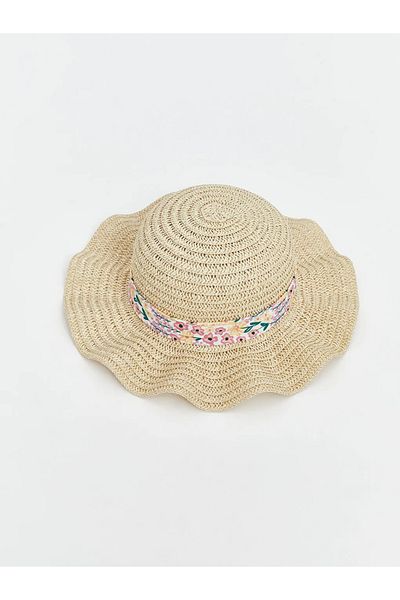 LC Waikiki Lcw Baby Beige Floral Patterned Straw Baby Girl Hat