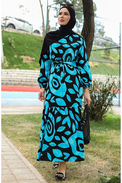 sefamerve Rochie albastră din viscoză - Detaliu cu nervuri și brâu 0446-04