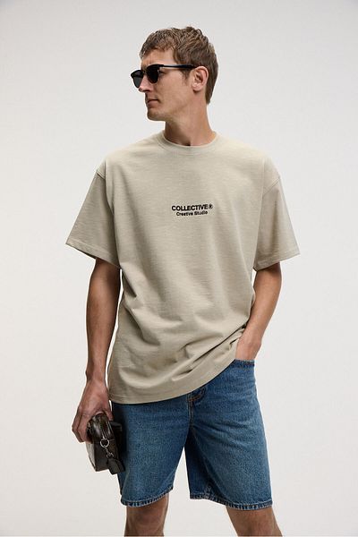GRIMELANGE Collective Men's Front Embroidery Back Print Detailed 100% Organic Cotton Oversize Short Sleeve Stone Color T-Shirt
