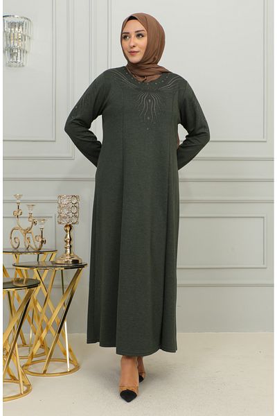sefamerve Φόρεμα Χακί Viscose - Plus Size, Κέντημα, 4956-03