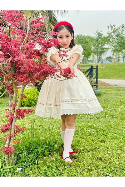 Hly Karol Tasarım Vintage Baby Girl Dress with Cream Red Ribbon, Special Tailored Girl Dress, Birthday Dress