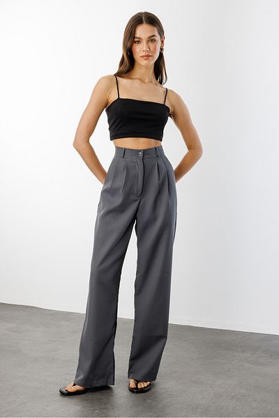 GENIUS STORE بنطلون بالازو عالي الخصر من القماش مطوي للنساء PANTS-002