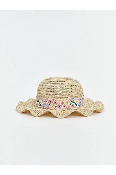 LC Waikiki Lcw Baby Beige Floral Patterned Straw Baby Girl Hat