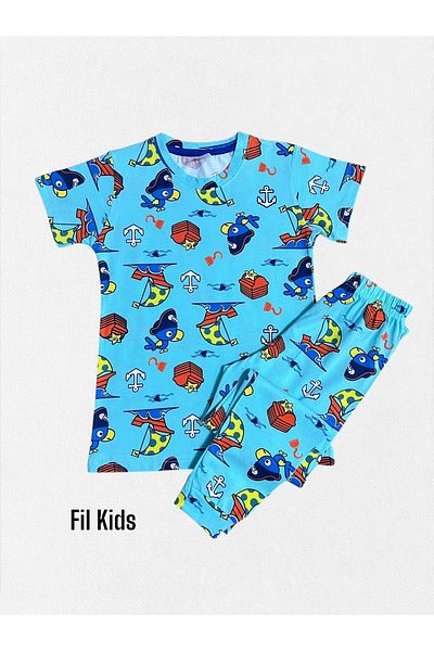 elmas kids Set de pijamale de vară pentru bărbați, 100% bumbac, cu model papagal, cu mânecă scurtă, albastru