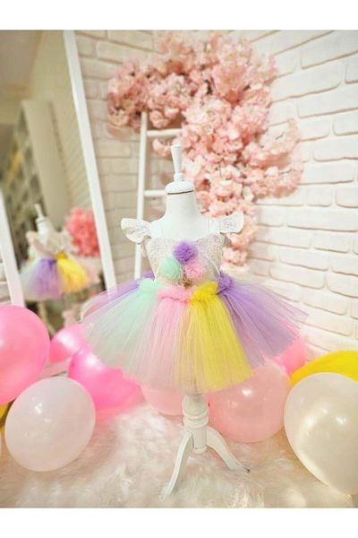 Hly Karol Tasarım Ice Cream White Romper Baby Girl Dress, Birthday Dress, Photo Shoot Dress, Suitable for 0-3 Years Old