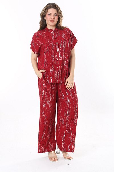 Şans Set Bluză Roșu Claret și Panyolon Elastic Marime Plus - 65N37971