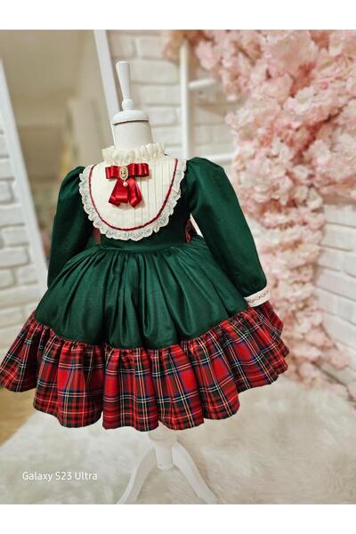 Hly Karol Tasarım Yeşil Ekoseli Kız Bebek Elbisesi,doğum Günü,fotoğraf Çekim Elbise,0-12 Yaş Uygun