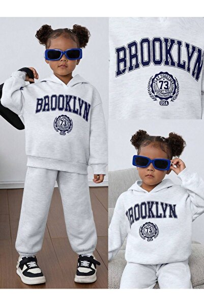 DUBU BUTİK Brooklyn 73 Printed Cotton Children's Hooded Suit Gray - Girls Boys