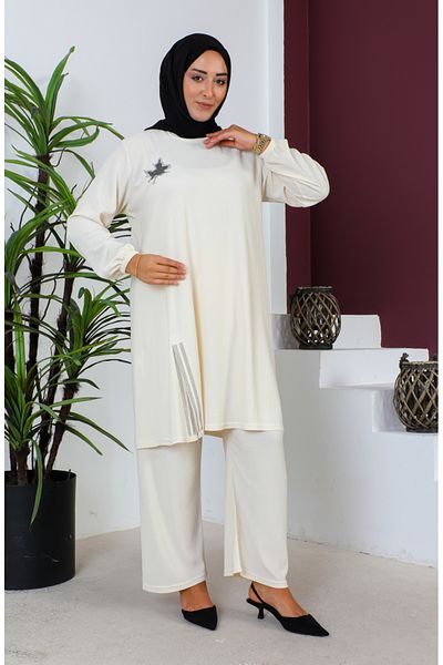 sefamerve Σετ τουνίκ και παντελονιού Plus Size Cream - 2608-03