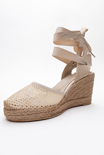 LuviShoes LIONS Beige Leather Women's Sandals - Mesh, Ankle Strap, Wedge Heel