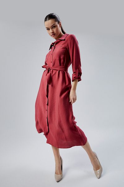 Bolivente Claret Red Regular Fit Belted Shirt Dress