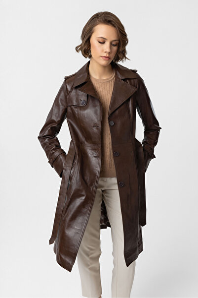 Deriderim Kahve Cassie Yırtmaçlı Astarlı Kemerli Trençkot Kadın Hakiki Deri Kaban