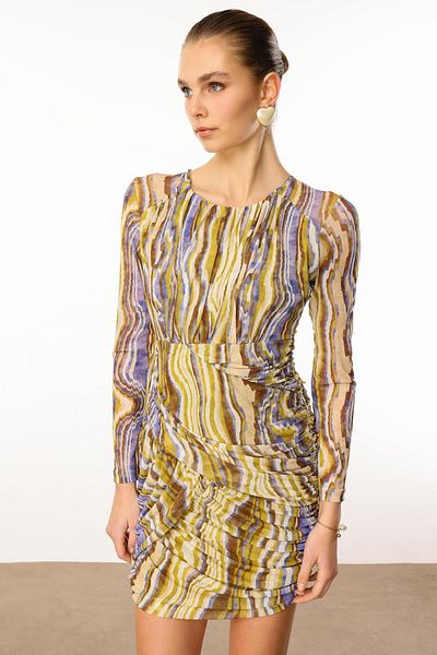 Moda İlgi Modailgi Raglan Sleeve Round Neck Gathered Short Tulle Dress Acid
