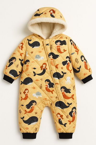 freemen Baby Quilted Sea Theme Romper – Hooded, Plush Fur Lined