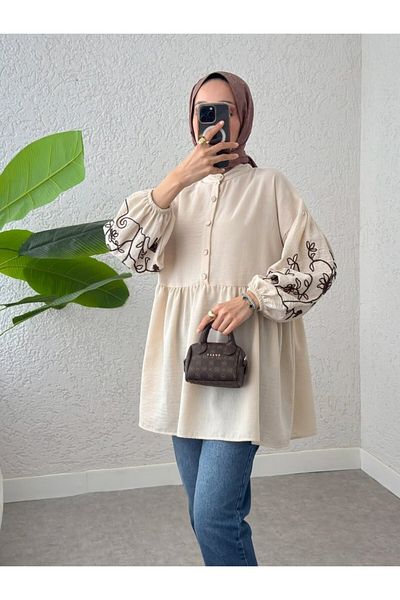 HİJABAYA Embroidered Piece Tunic with Half Buttoned Sleeves and Elastic Sleeves