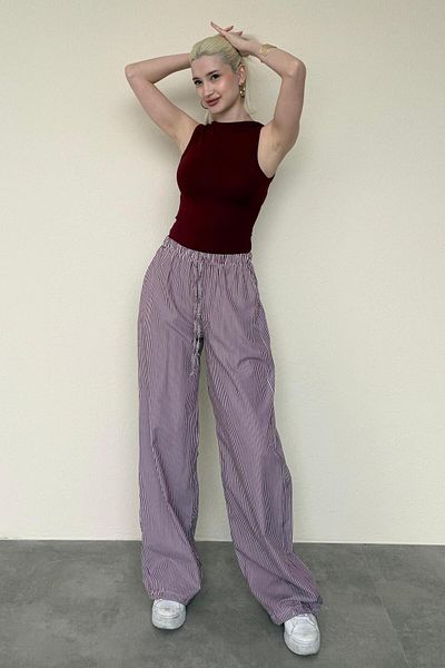 Madmext Burgundy Adjustable Waist Wide Leg Flowy Striped Pants Mg2087