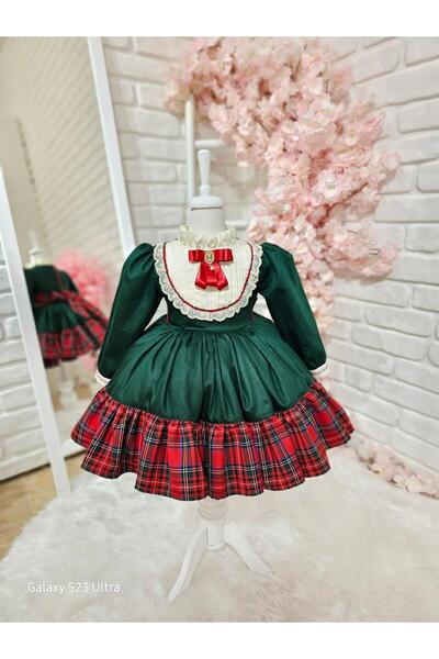 Hly Karol Tasarım Yeşil Ekoseli Kız Bebek Elbisesi,doğum Günü,fotoğraf Çekim Elbise,0-12 Yaş Uygun