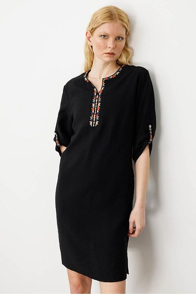 Desen Triko Women's Ethnic Pattern Embroidered Linen Dress Black