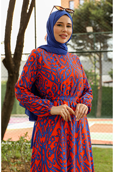 sefamerve Πορτοκαλί Navy Blue Viscose φόρεμα - με μοτίβο και φύλλο 0439-04