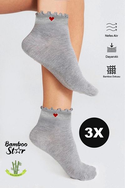 bamboo star Bamboo Women's Heart Patterned Ruffled Booties Elastic Seamless Gray Socks 3 Pack