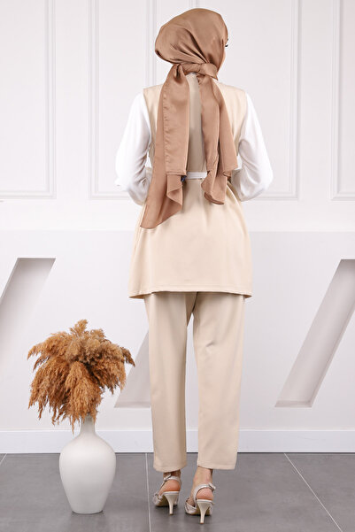 İmajButik Cream Shirt Vest Pants Triple Combination Set