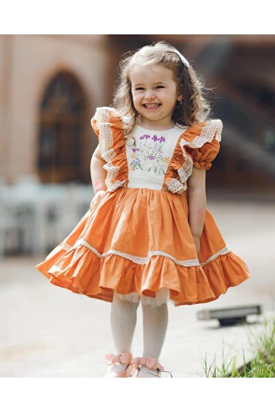 Hly Karol Tasarım Turuncu Vintage Kız Bebek Elbisesi, Özel Dikim Kız Çocuk El...