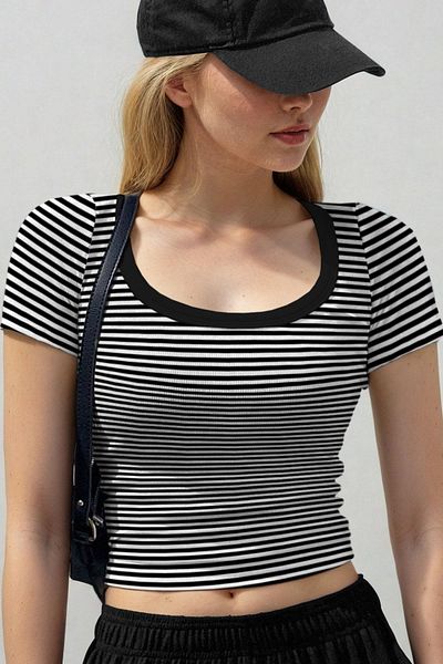 Teenage Millionaire Women's Thin Striped Black-White U-Neck Short Sleeve Ribbed Camisole Body T-Shirt
