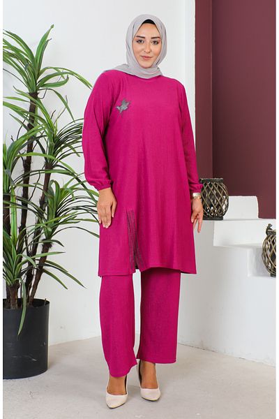 sefamerve Set de tunică și pantaloni înfășurați fucsia de mărime mare - 2608-06