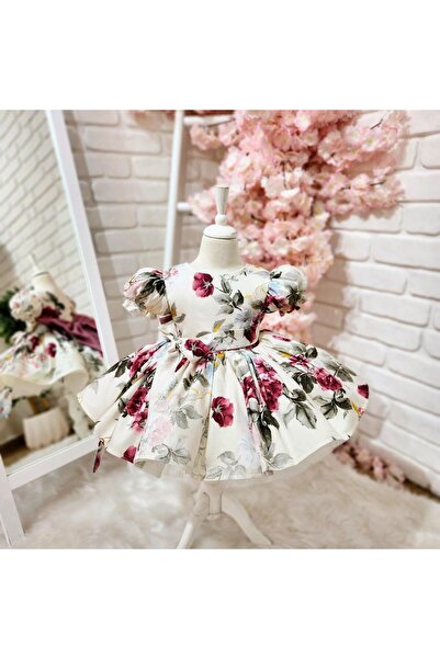 Hly Karol Tasarım Cream Burgundy Vintage Dress with Roses, Birthday Dress, Photo Shoot Dress, Suitable for 0-12 Years Old