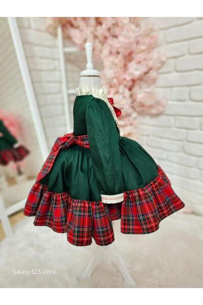 Hly Karol Tasarım Yeşil Ekoseli Kız Bebek Elbisesi,doğum Günü,fotoğraf Çekim Elbise,0-12 Yaş Uygun