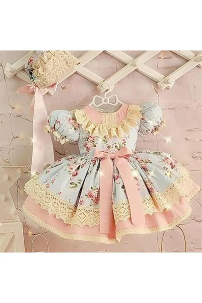 Hly Karol Tasarım Vintage Deep Blue Ocean Baby Girl Dress - Birthday & Photoshoot Party Gown, Ages 0–12
