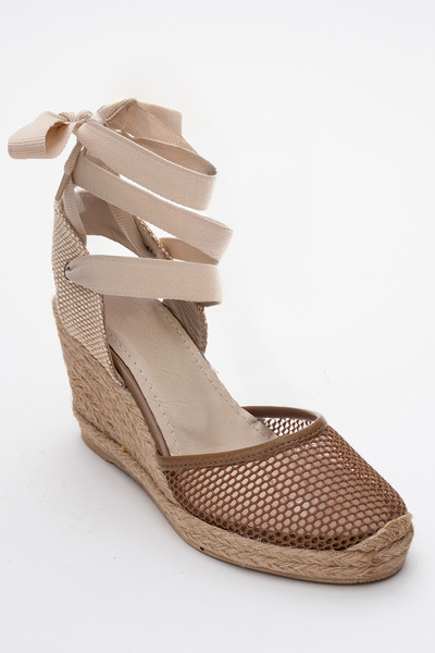 LuviShoes LIONS Women's Wedge Heel Sandals - Tan Mesh, Ankle Strap Leather