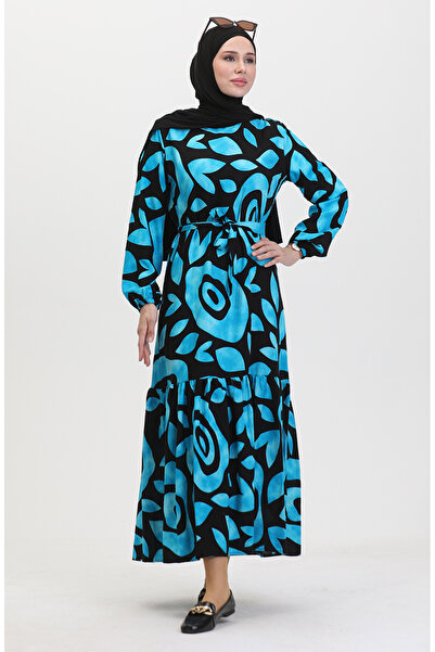 sefamerve Μπλε φόρεμα βισκόζης - Λεπτομέρεια με ραβδώσεις και φύλλο 0446-04