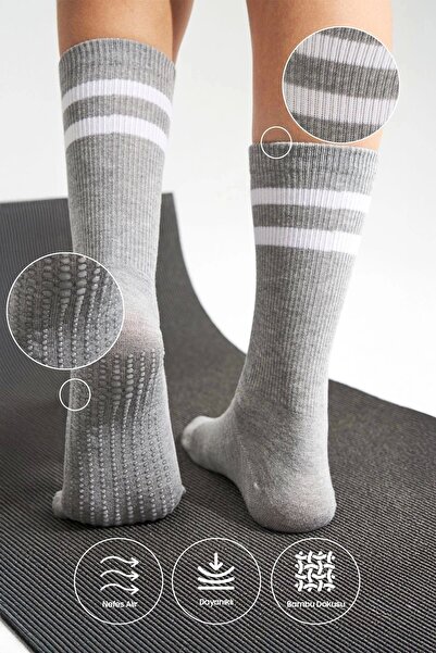 bamboo star Bambu Kadın Kaydırmaz Taban Silikon Baskı Yoga Fitness Pilates Bale Dans Kaymaz Tenis Çorabı 3'lü