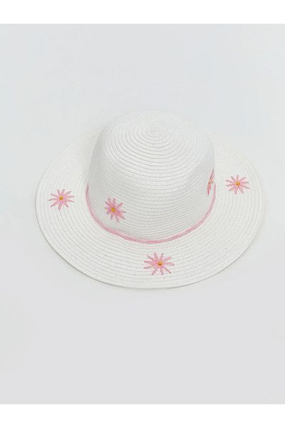 LC Waikiki ACCESORII LCW Pălărie de paie pentru fetiță cu broderie de flori albe
