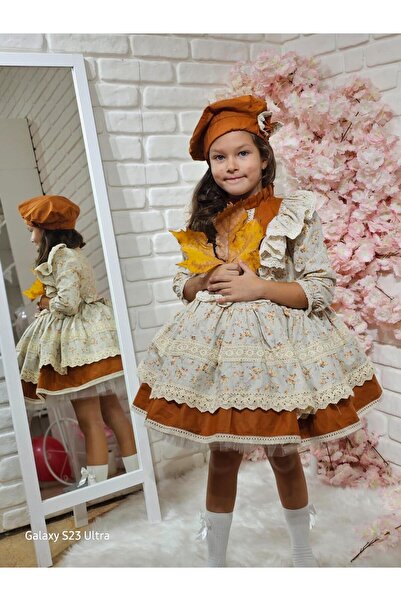 Hly Karol Tasarım Kapuçino Çiçekli Vintage Kız Bebek Elbisesi,Doğum günü,foto...