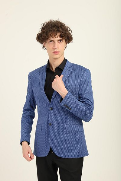 AGUSTİNİ Blue Color Self Pattern Mono Collar Two Buttons Double Slits Single Jacket Medium Fit Tooling |   Agustini