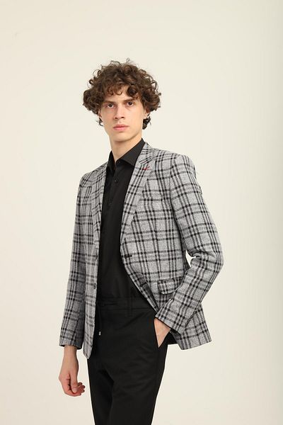 AGUSTİNİ Turquoise Color Checkered Pattern, Two Buttons Double Slit Pointed Collar Slim Fit Single Jacket |   Agustini