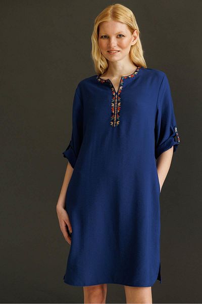 Desen Triko Women's Ethnic Pattern Embroidered Linen Dress Navy Blue