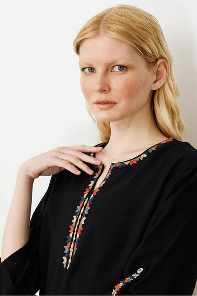 Desen Triko Women's Ethnic Pattern Embroidered Linen Dress Black